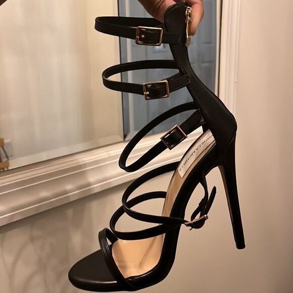 BLACK GLADIATOR OPEN TOE ZIP HIGH HEEL STILETTO SANDAL - Picture 5 of 5